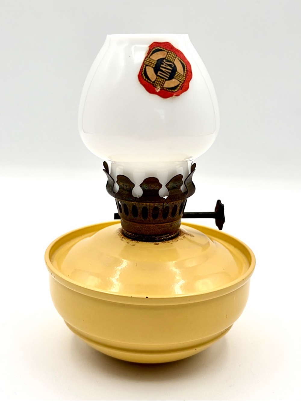 Vintage SAVU Miniature Pixie Oil Lamp Yellow Metal Enamel / Milk Glass Shade